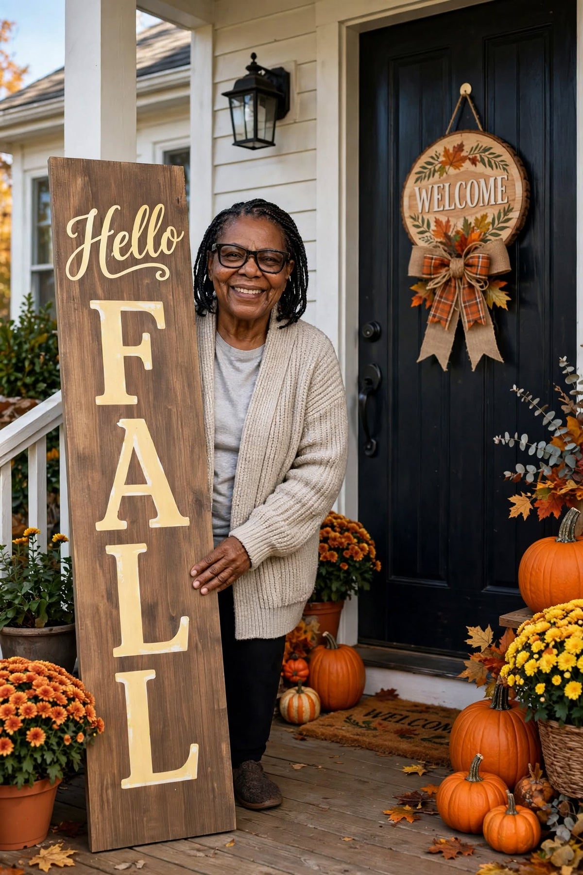 Hello Fall Porch Leaner | 5ft Wooden Fall Porch Sign | Autumn Front Porch Decor