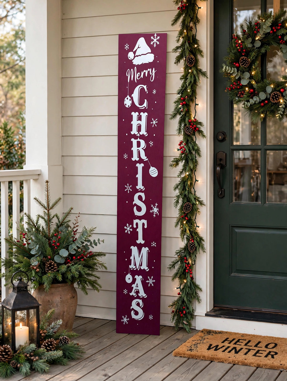 5ft Merry Christmas Porch Leaner - Burgundy Farmhouse Christmas Leaner Board - Santa Hat