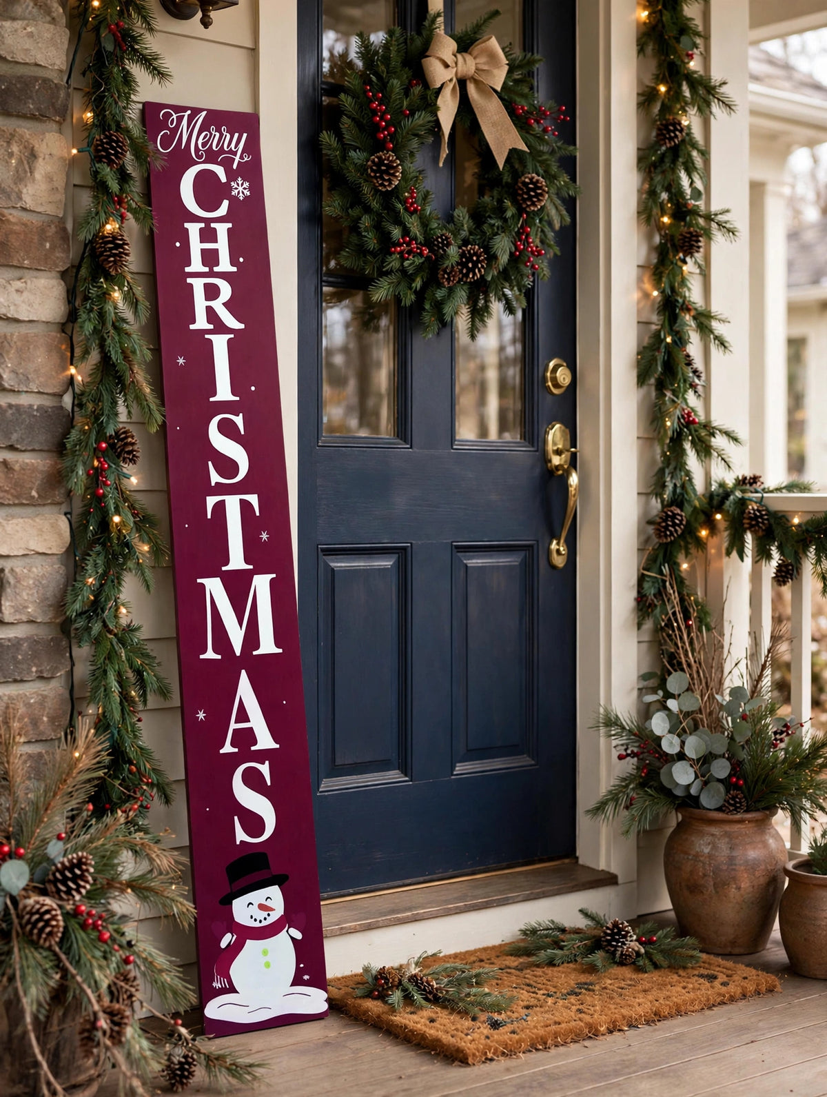 5ft Merry Christmas Porch Leaner - Red with Snowman - Farmhouse Christmas Decor