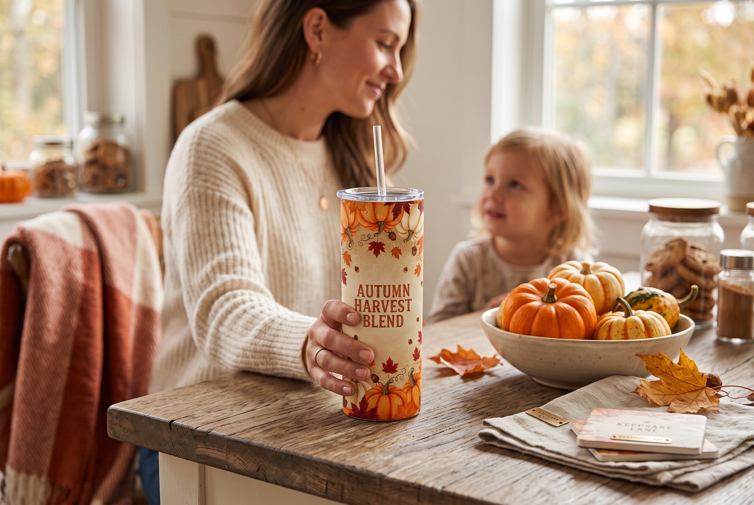 Keepsake lane stainless steel tumbler with autumn pumpkin and leaf print held by a woman at a rustic kitchen table.