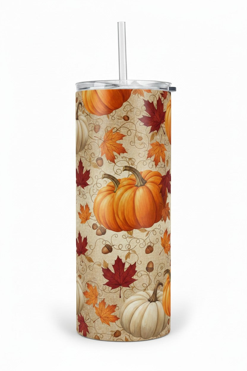 Keepsake lane stainless steel tumbler featuring a rustic autumn harvest print with pumpkins, maple leaves, and acorns.