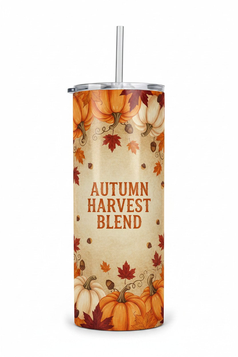 Keepsake lane stainless steel tumbler featuring orange pumpkins, red maple leaves, and Autumn Harvest Blend text.