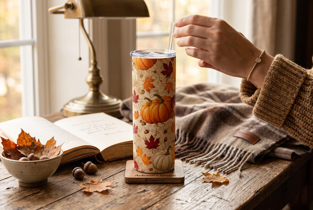 Keepsake lane stainless steel tumbler with pumpkin and maple leaf print, held by a person at a cozy wooden desk.