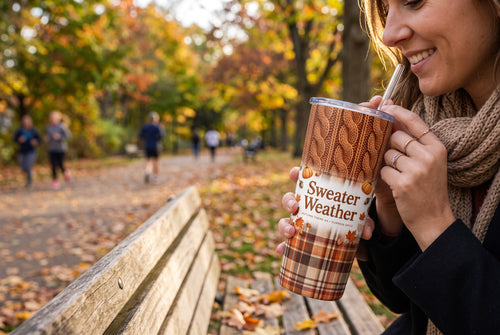 Keepsake lane stainless steel tumbler with cable-knit and plaid autumn print held by a woman in a park