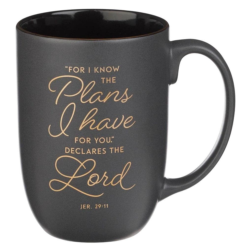 Keepsake lane matte black ceramic coffee mug featuring gold script lettering of the Bible verse Jeremiah 29:11