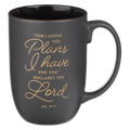 Keepsake lane matte black ceramic coffee mug featuring gold script lettering of the Bible verse Jeremiah 29:11