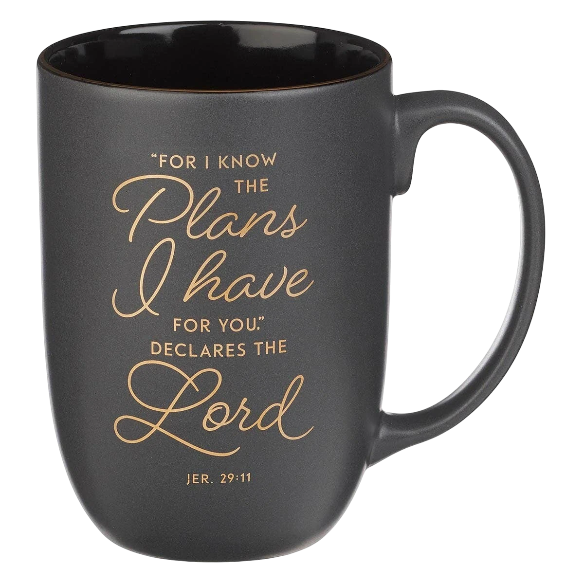 Keepsake lane matte black ceramic coffee mug featuring gold script lettering of the Bible verse Jeremiah 29:11