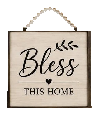 Keepsake lane square wooden wall sign with Bless This Home typography, dark frame, and decorative beaded hanger.