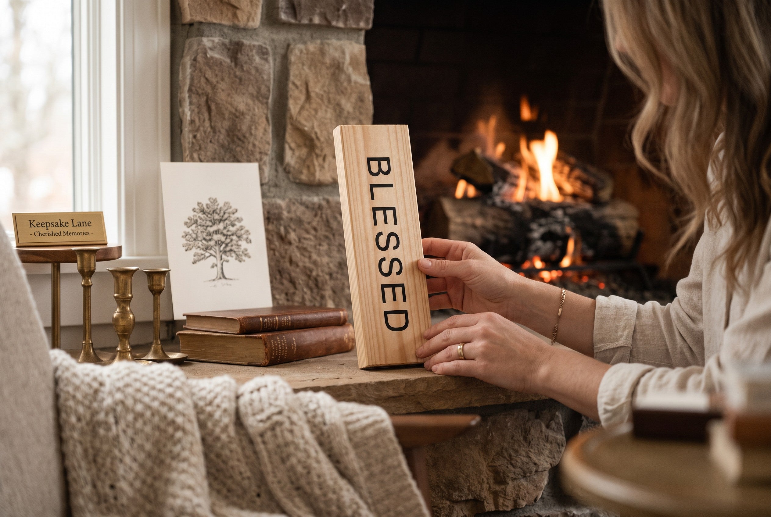 Keepsake lane wooden block sign with BLESSED text, held by a woman near a cozy fireplace mantel.