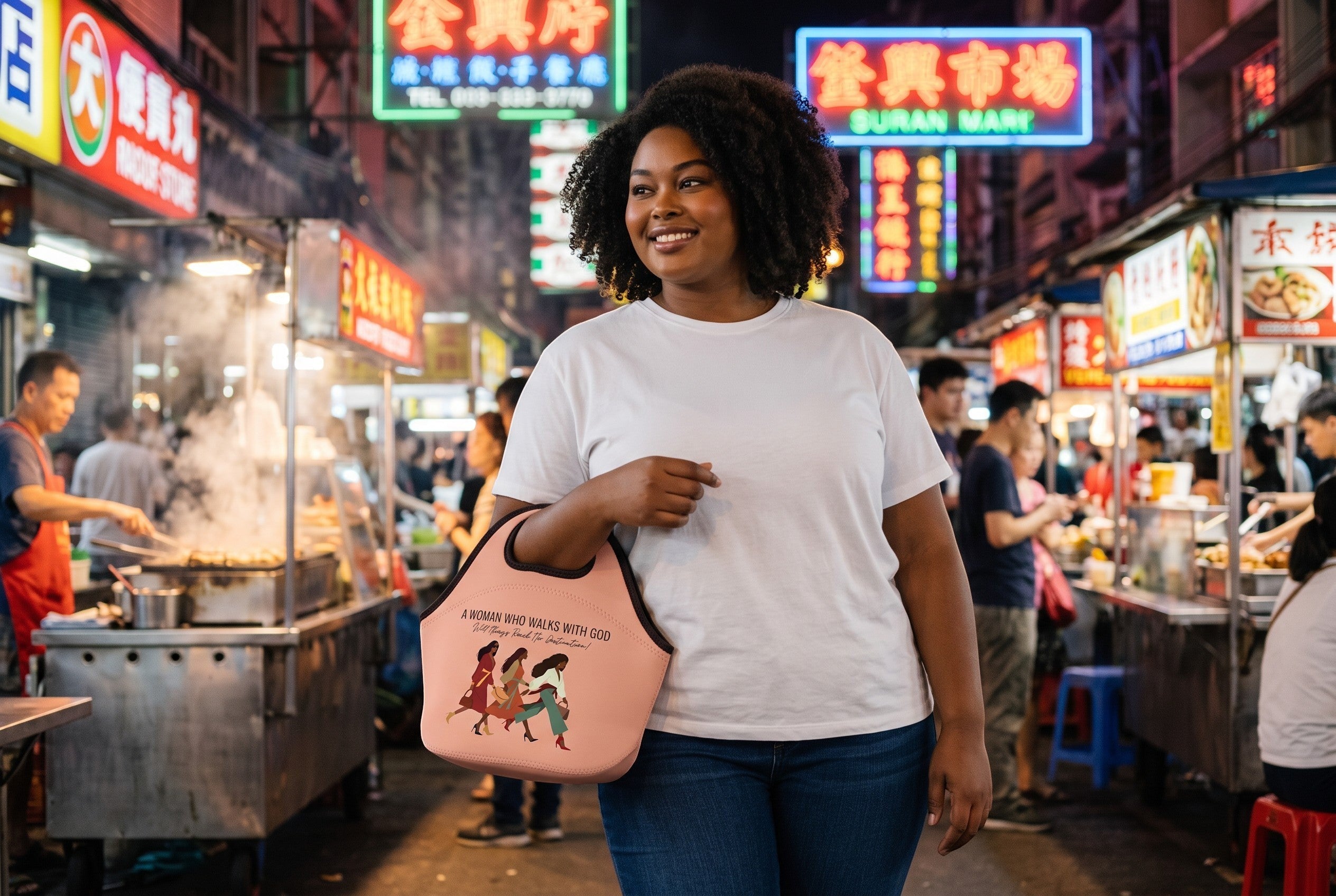 Keepsake lane blush neoprene tote bag with inspirational graphic print carried by a woman in a busy night market.