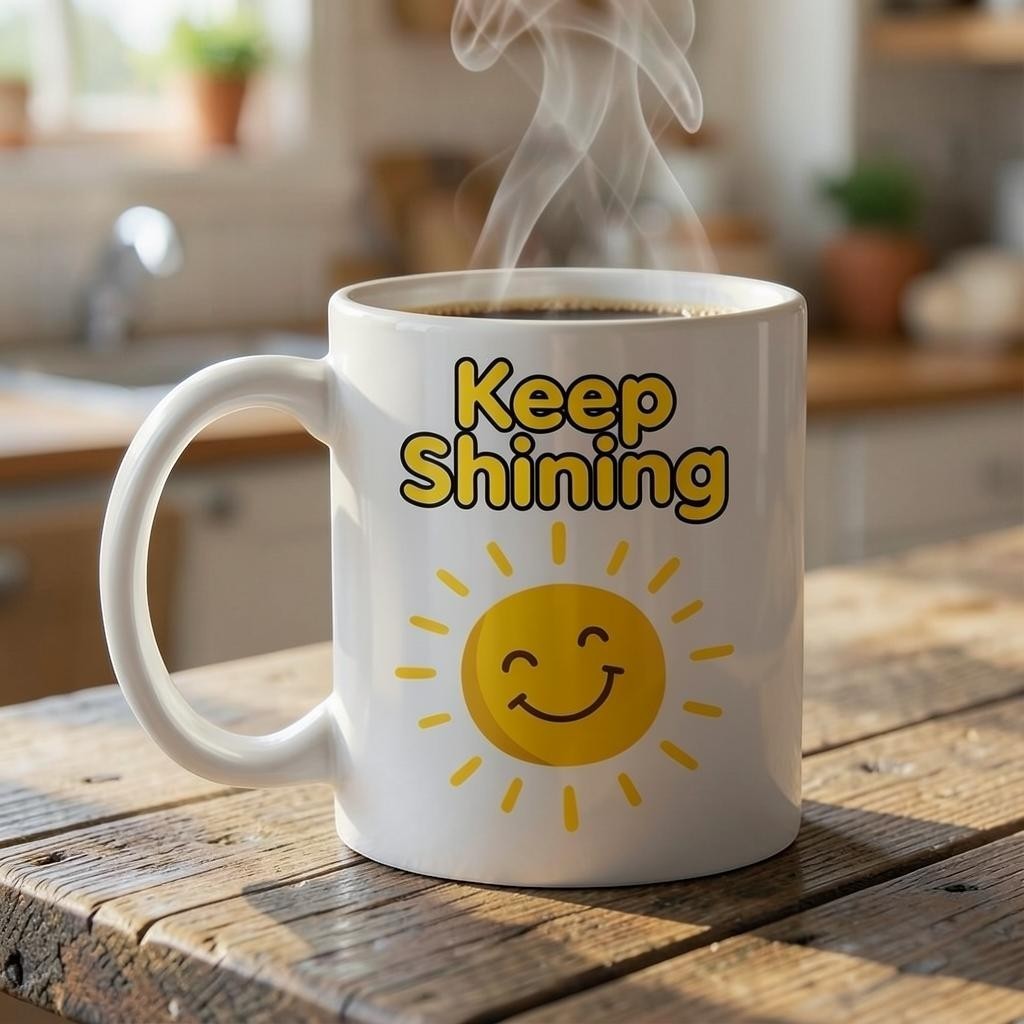 Keepsake lane white ceramic coffee mug with a smiling sun graphic and Keep Shining text on a wooden table