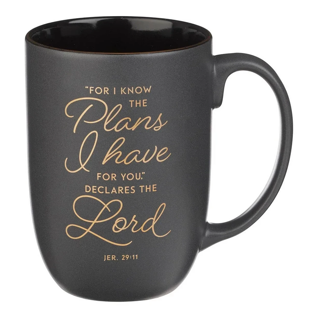 Keepsake lane ceramic coffee mug in matte charcoal with gold script lettering featuring Jeremiah 29:11 scripture