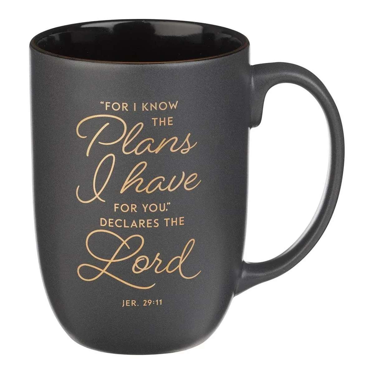 Keepsake lane ceramic coffee mug in matte charcoal with gold script lettering featuring Jeremiah 29:11 scripture