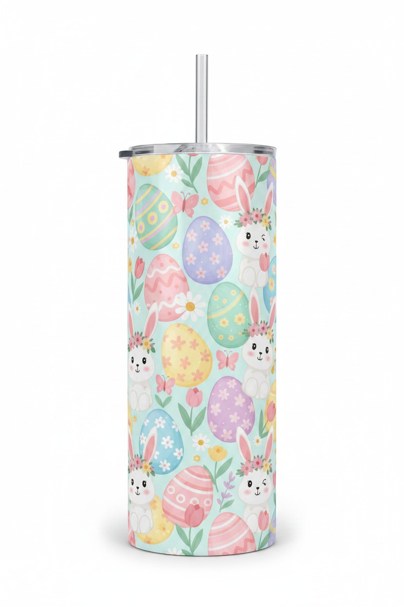 Keepsake lane stainless steel tumbler with a pastel Easter bunny, floral, and patterned egg print with straw.