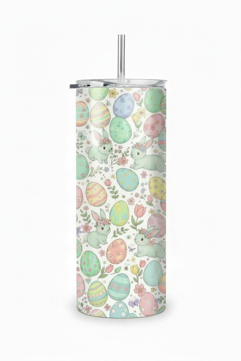 Keepsake lane stainless steel tumbler featuring a pastel Easter bunny, floral, and patterned egg print with a straw.