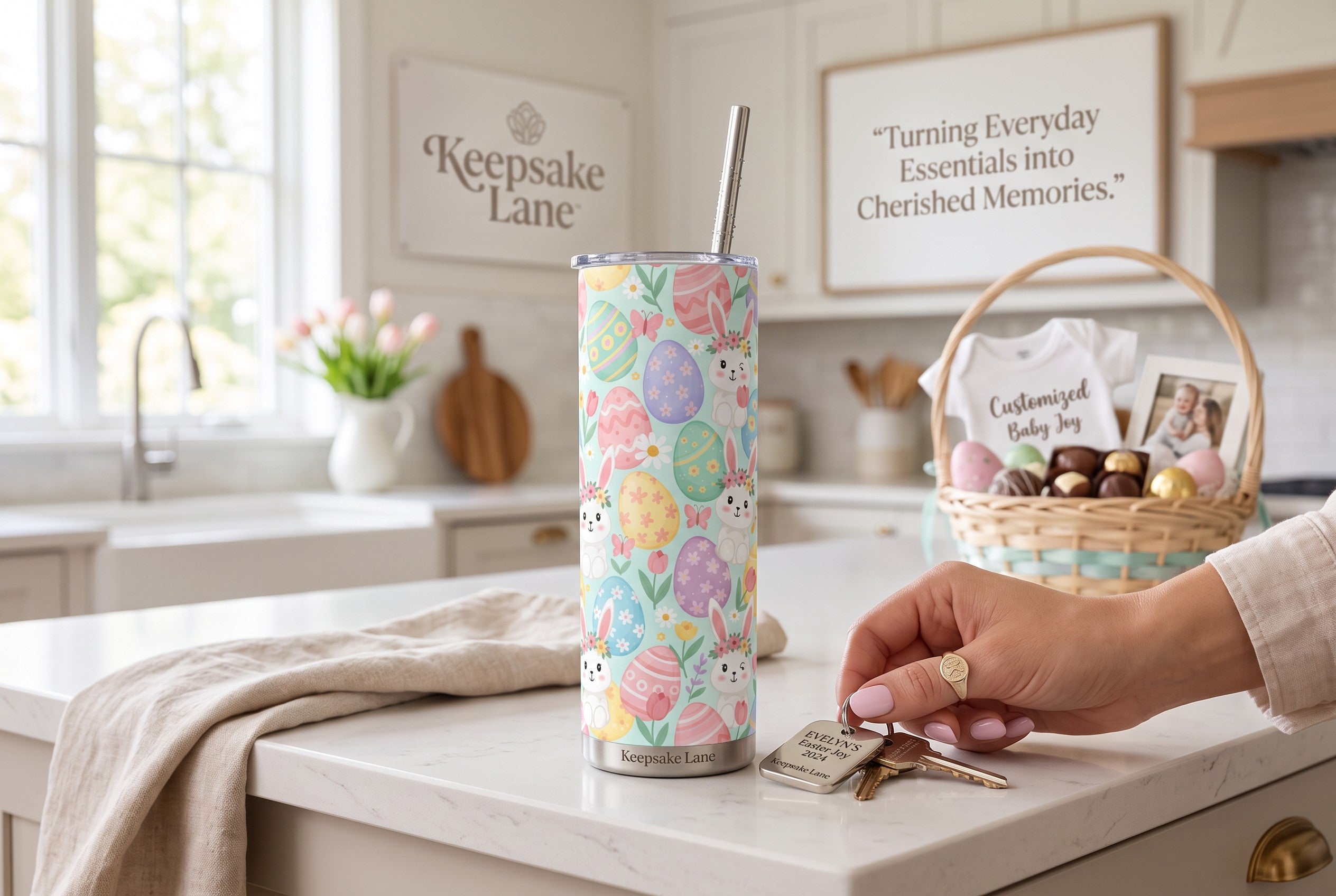 Keepsake lane stainless steel tumbler with Easter bunny and egg pattern, featuring a lid and reusable metal straw.