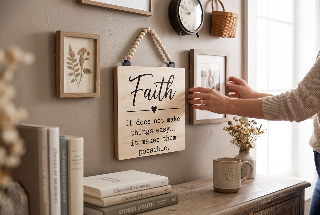 Keepsake lane farmhouse wall sign with Faith typography, light wood grain finish, and decorative beaded hanging cord.