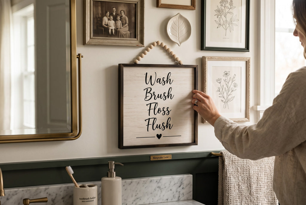 Keepsake lane farmhouse wall sign with wood grain finish, black typography, and beaded hanger in a bathroom setting.