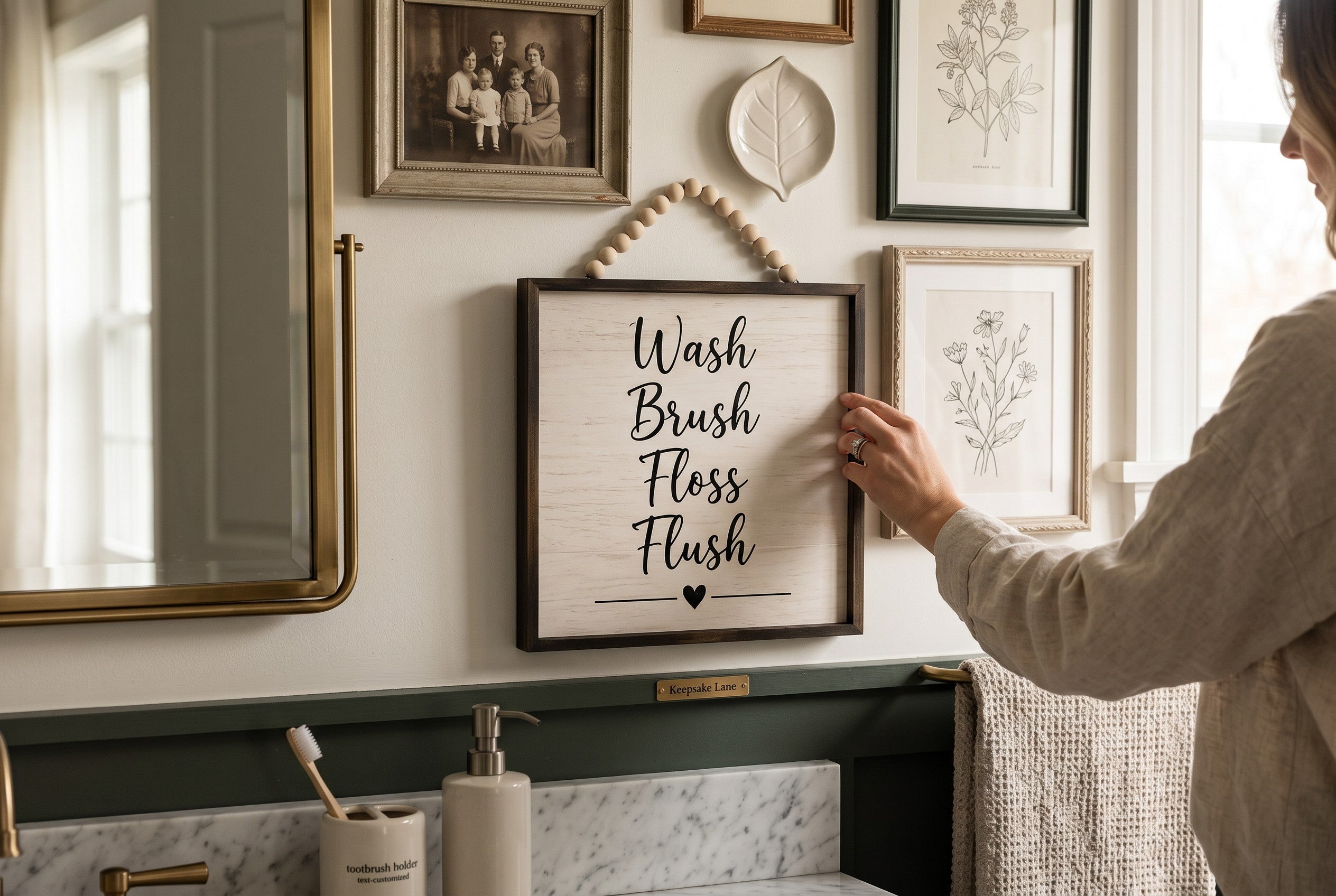 Keepsake lane farmhouse wall sign with wood grain finish, black typography, and beaded hanger in a bathroom setting.