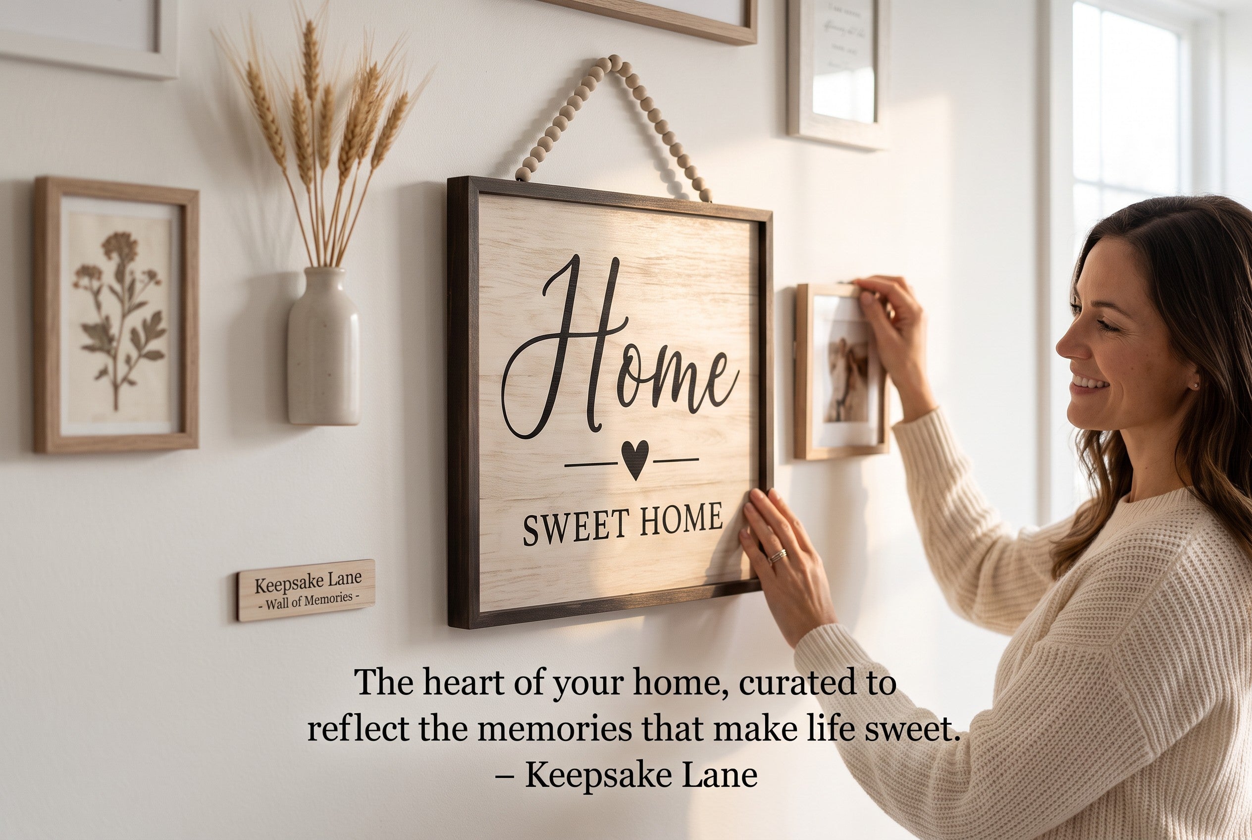 Keepsake lane farmhouse wall sign with beaded hanger and Home Sweet Home typography hanging on a gallery wall