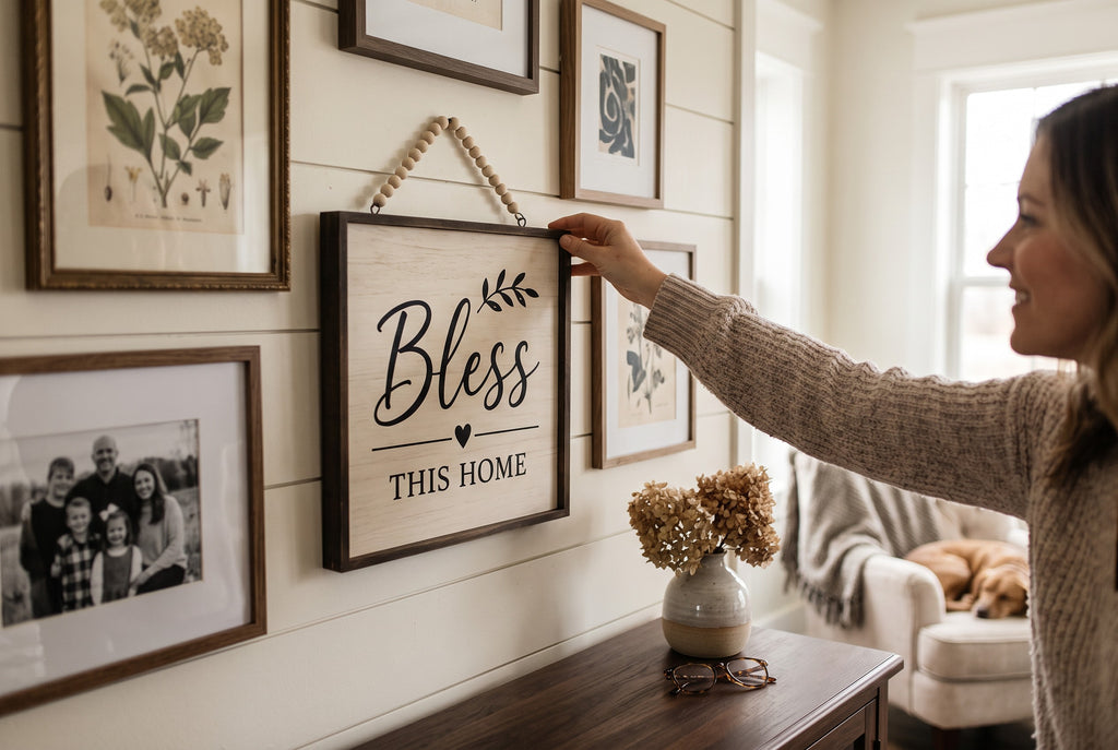 Keepsake lane farmhouse wall sign with Bless This Home text and beaded hanger held by a woman in a cozy living room.
