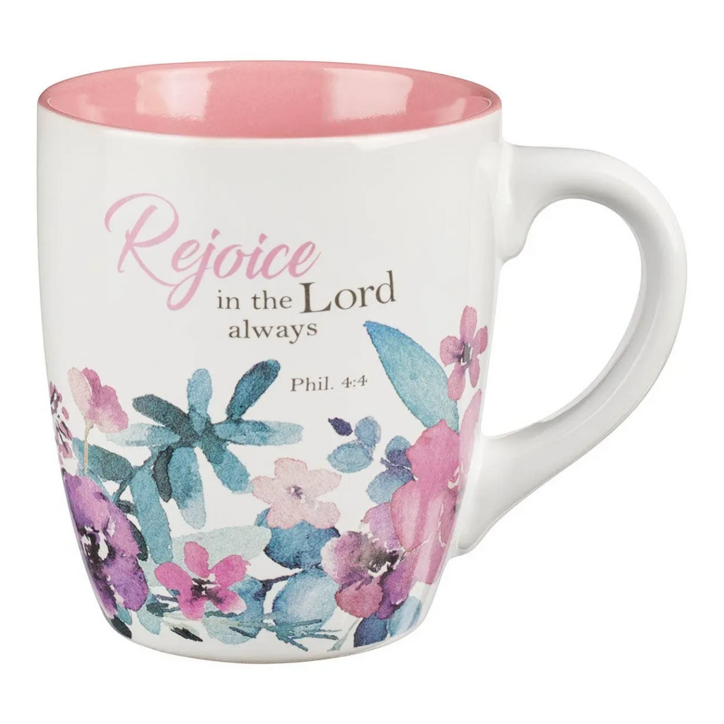 Keepsake lane ceramic coffee mug with pink interior and floral watercolor design featuring Rejoice in the Lord text.