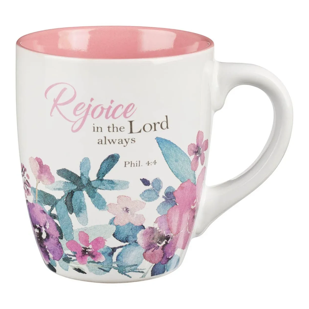 Keepsake lane ceramic coffee mug with pink interior and floral watercolor design featuring Rejoice in the Lord text.