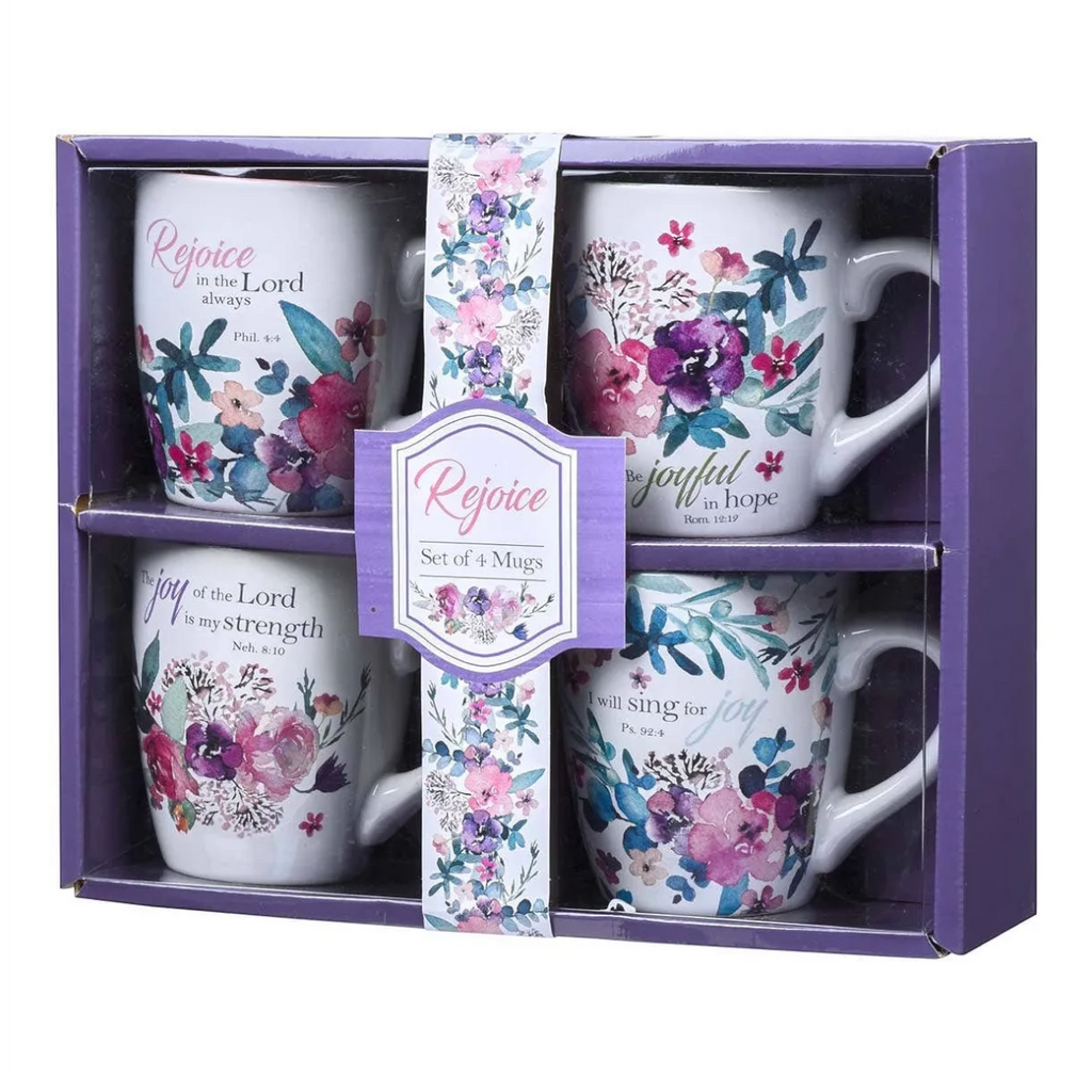 Keepsake lane set of four ceramic mugs featuring floral watercolor designs and inspirational faith-based quotes.