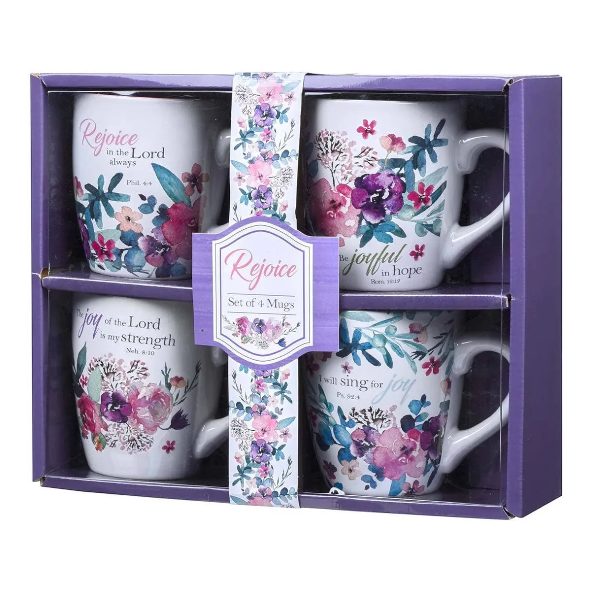 Keepsake lane set of four ceramic mugs featuring floral watercolor designs and inspirational faith-based quotes.