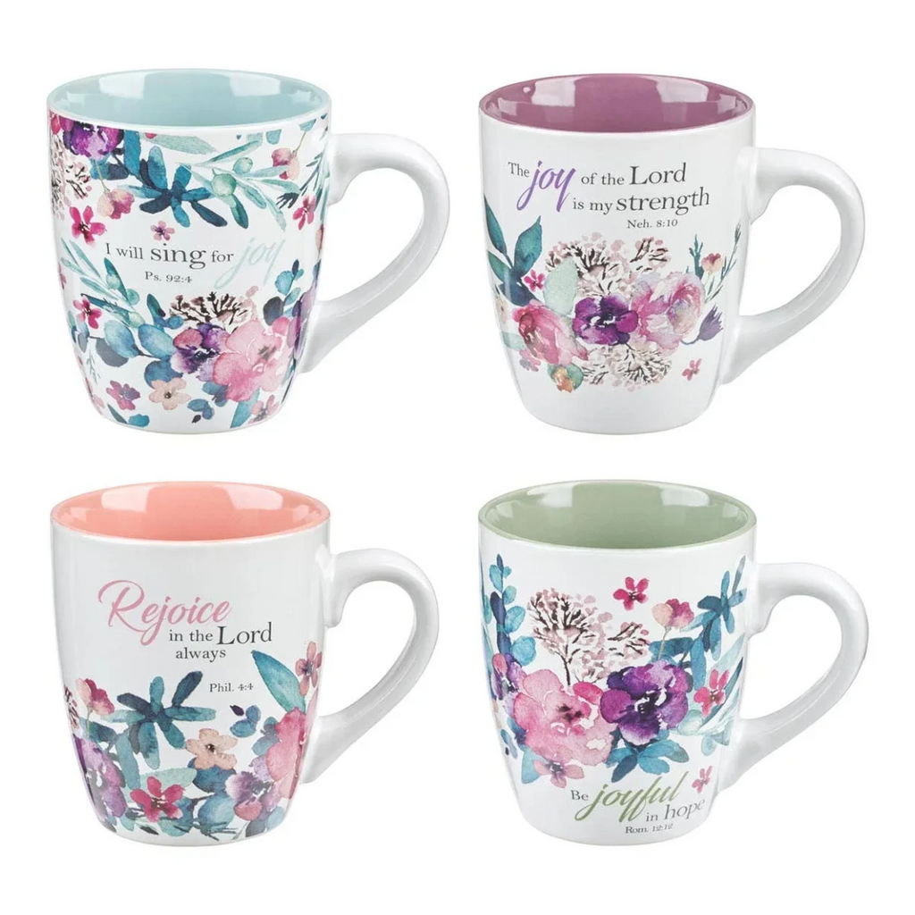 Keepsake lane ceramic mugs set featuring floral patterns and inspirational faith-based quotes with pastel interiors.