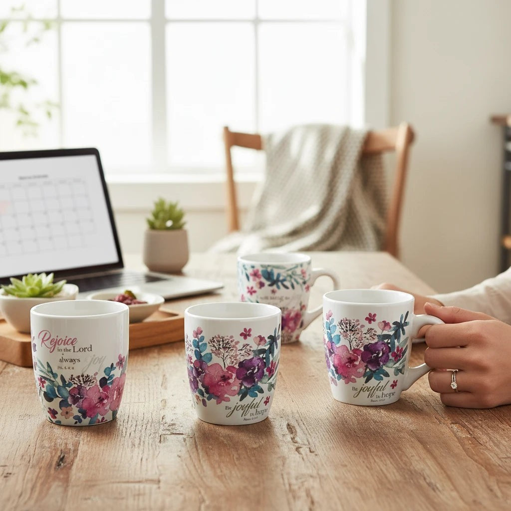 Keepsake lane floral ceramic coffee mugs with scripture verses on a wooden table with a laptop in the background