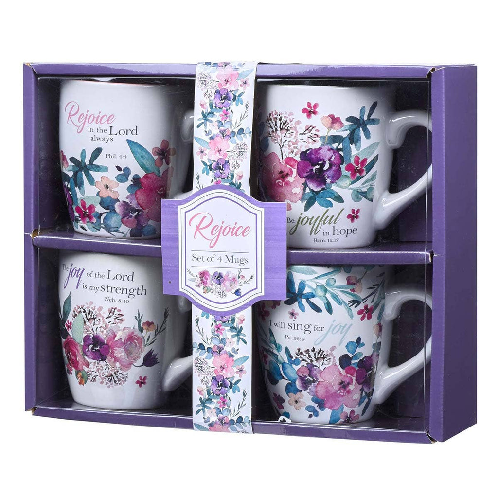 Keepsake lane Rejoice collection set of 4 ceramic mugs with watercolor floral designs and scripture verses in gift box