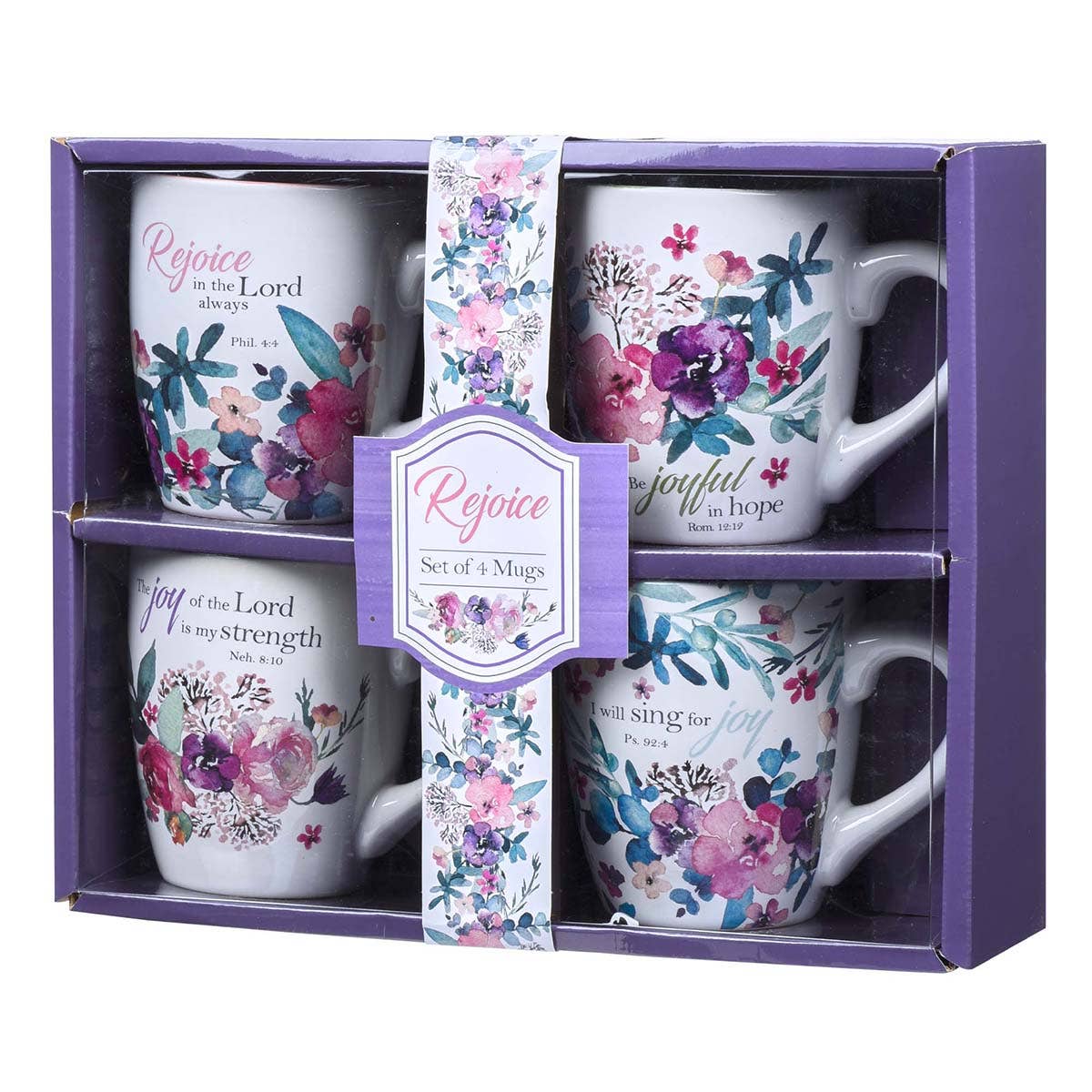 Keepsake lane Rejoice collection set of 4 ceramic mugs with watercolor floral designs and scripture verses in gift box
