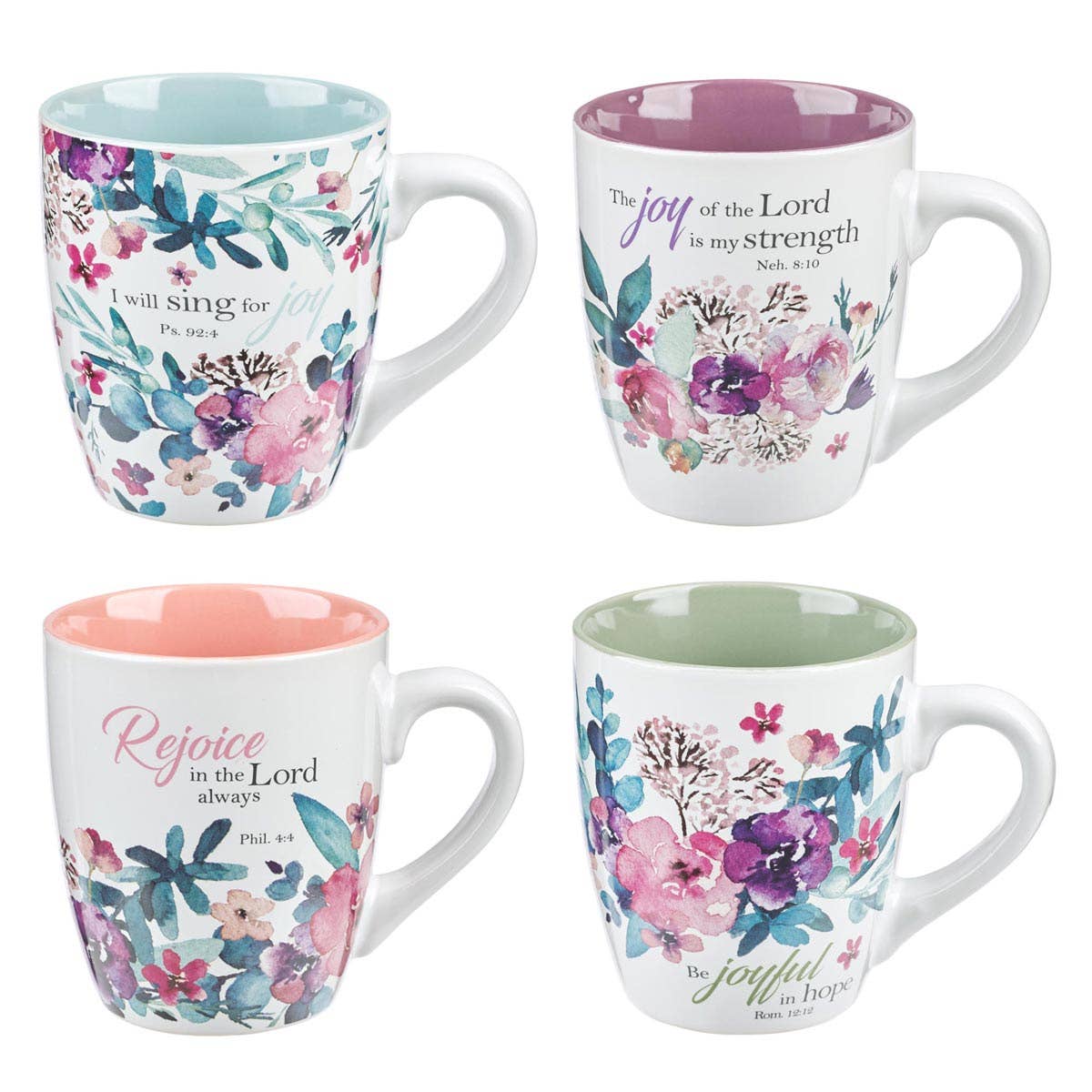 Keepsake lane set of 4 ceramic mugs with muted watercolor floral designs and uplifting scripture verses.