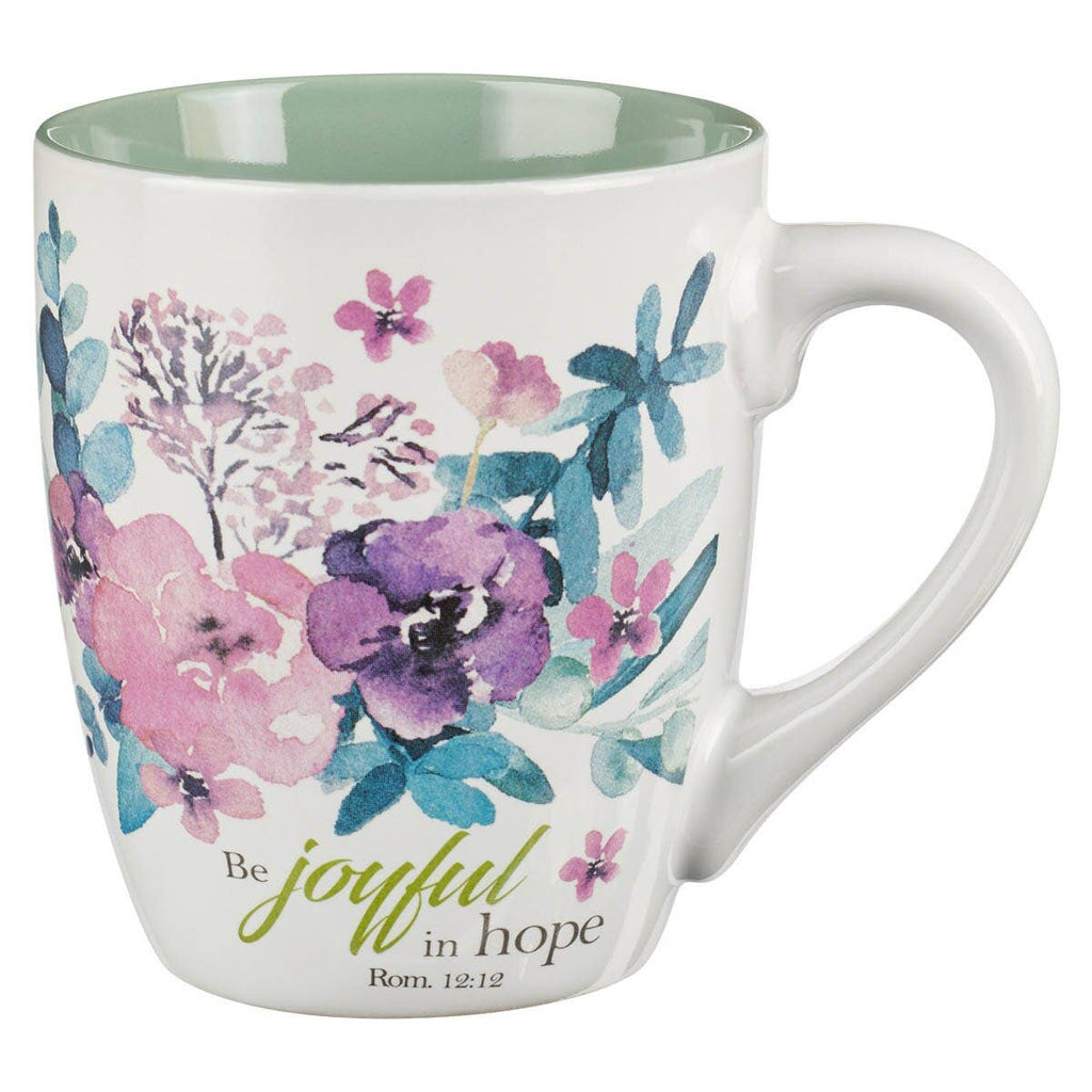 Keepsake lane ceramic mug from the Rejoice collection featuring watercolor floral art and Be Joyful in Hope scripture.
