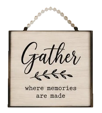 Keepsake lane farmhouse style Gather wall sign with wood grain finish, black typography, and beaded hanging cord.