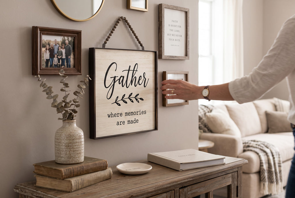 Keepsake lane square wooden wall sign with Gather typography and beaded hanging cord in a farmhouse living room