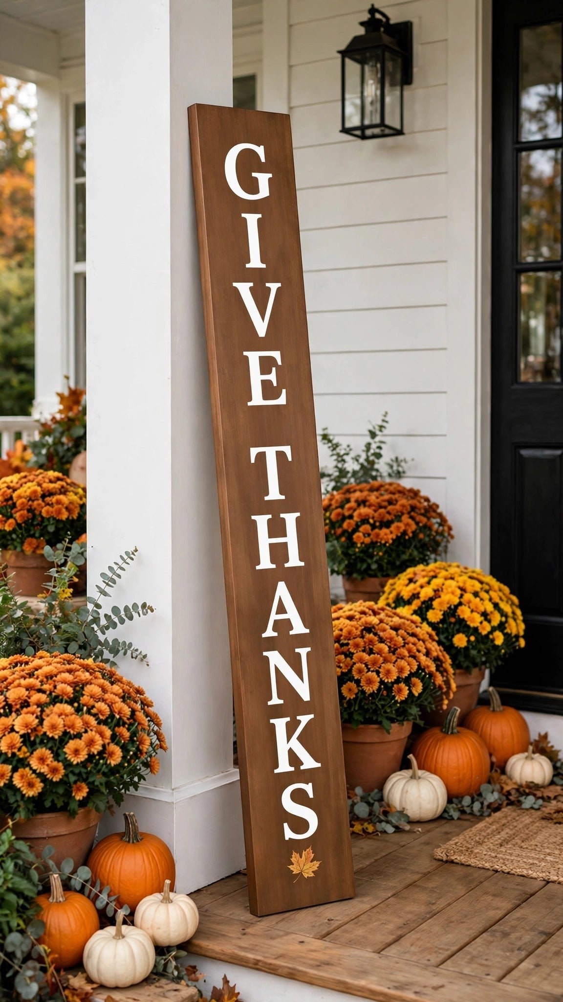 Keepsake lane rustic wooden Give Thanks vertical porch sign with white lettering leaning against a white pillar