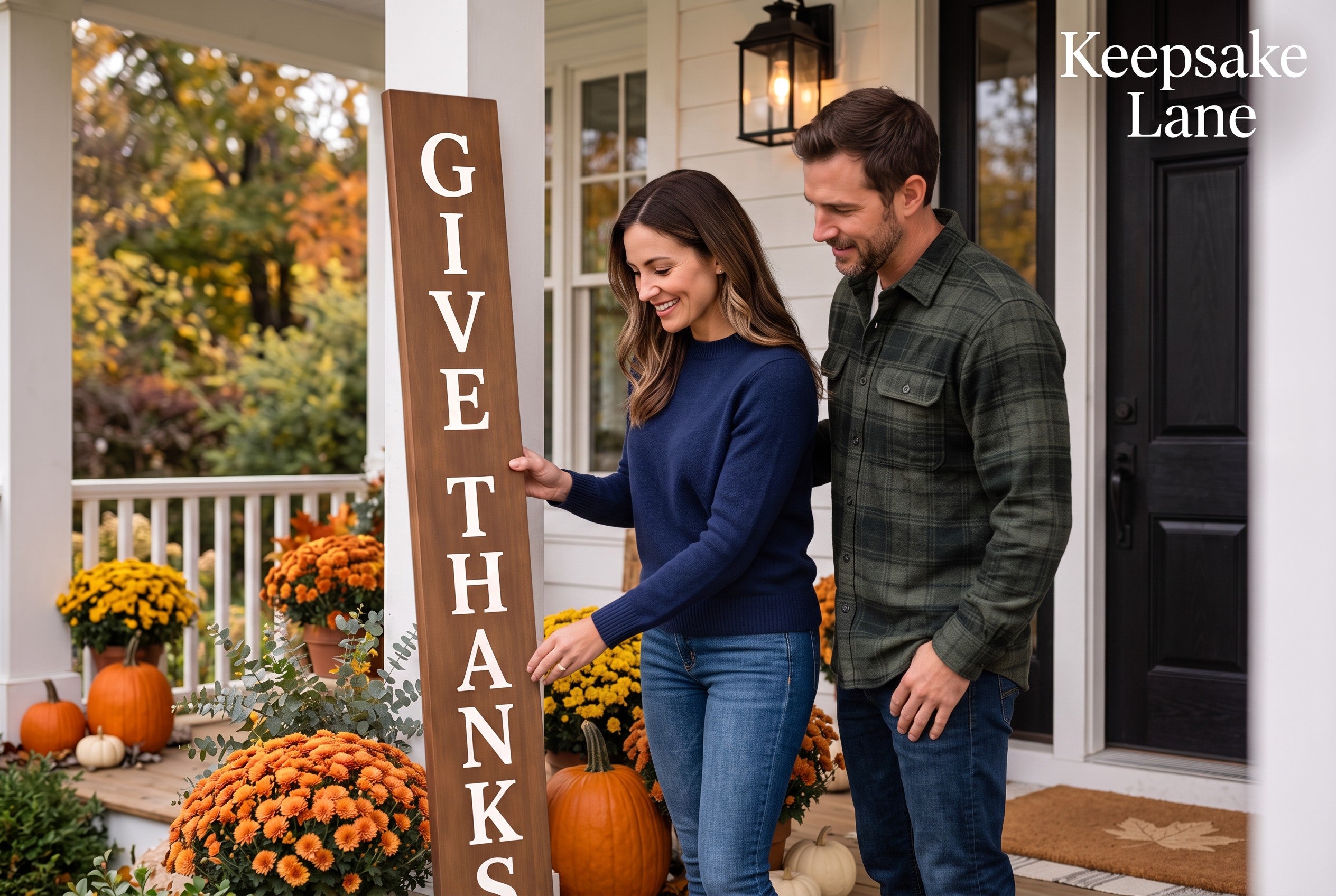 Keepsake lane vertical wooden Give Thanks porch sign displayed by a couple on a cozy autumn front porch with pumpkins.