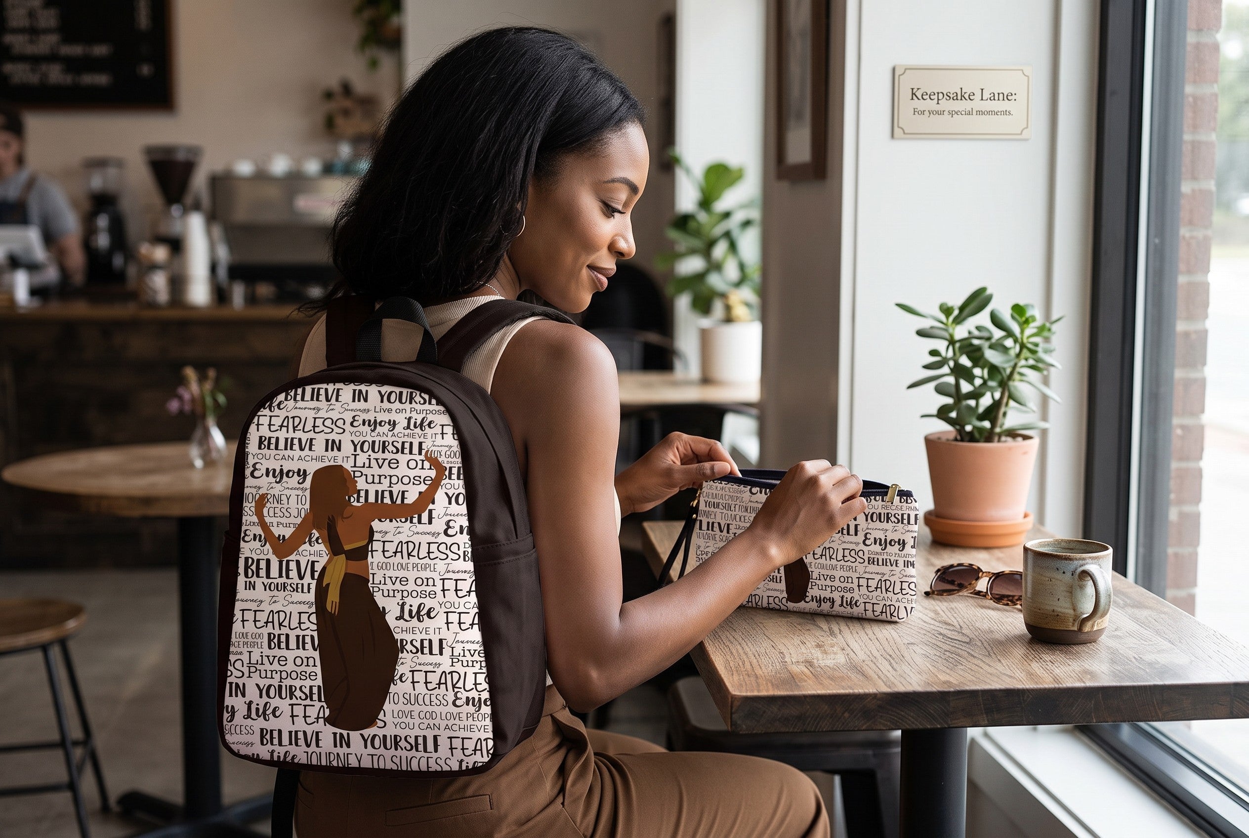Keepsake lane backpack and wristlet set with motivational typography and silhouette graphic in a cafe setting
