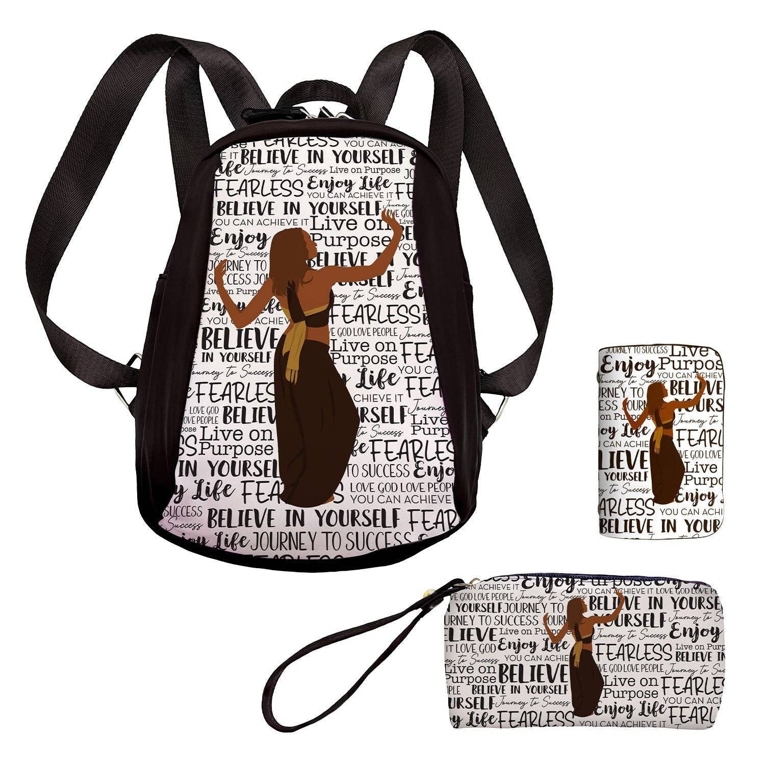 Keepsake lane backpack and wristlet set with black straps and motivational typography graphic print