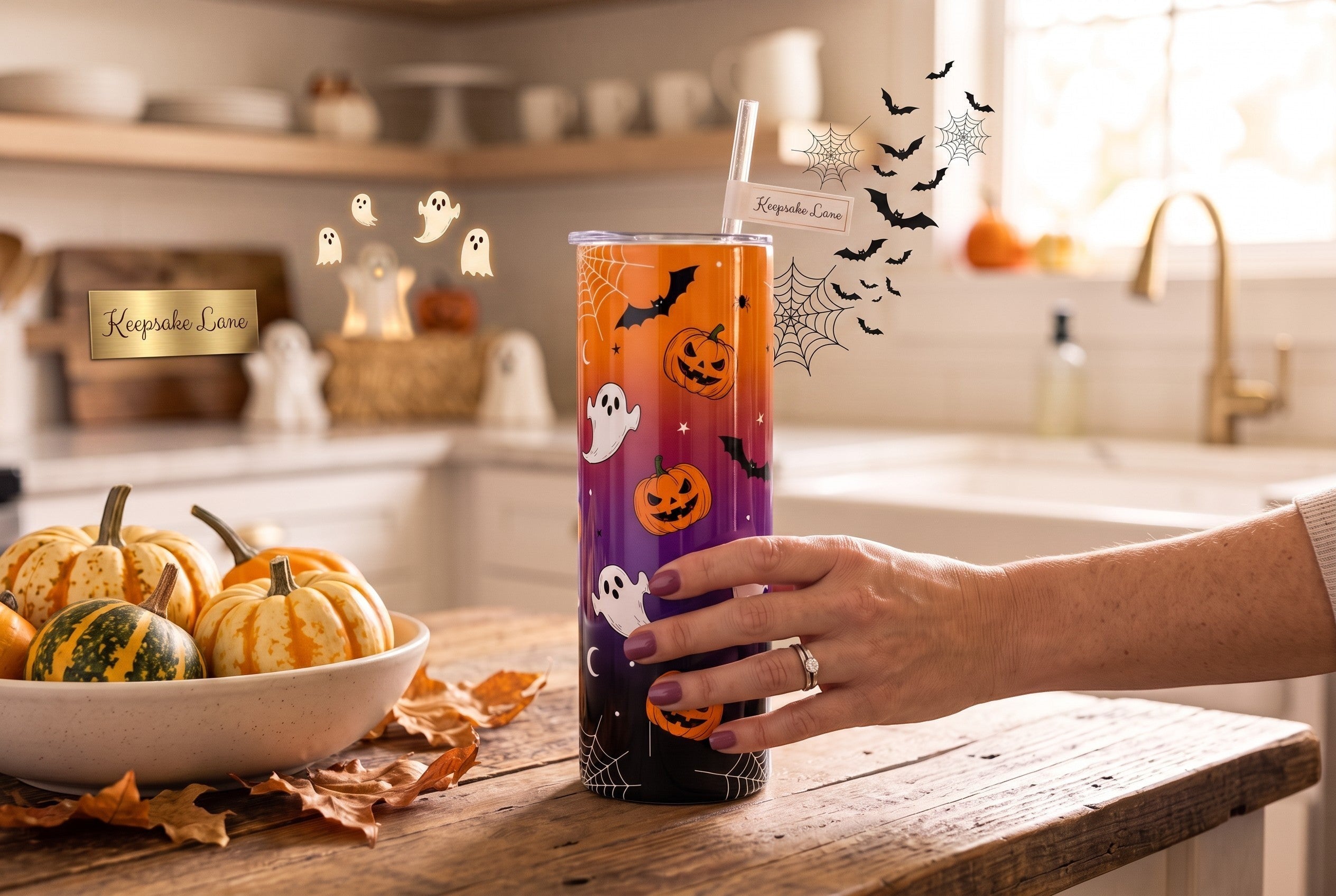Keepsake lane stainless steel tumbler with orange to purple gradient, jack-o'-lanterns, ghosts, and bats in a kitchen.