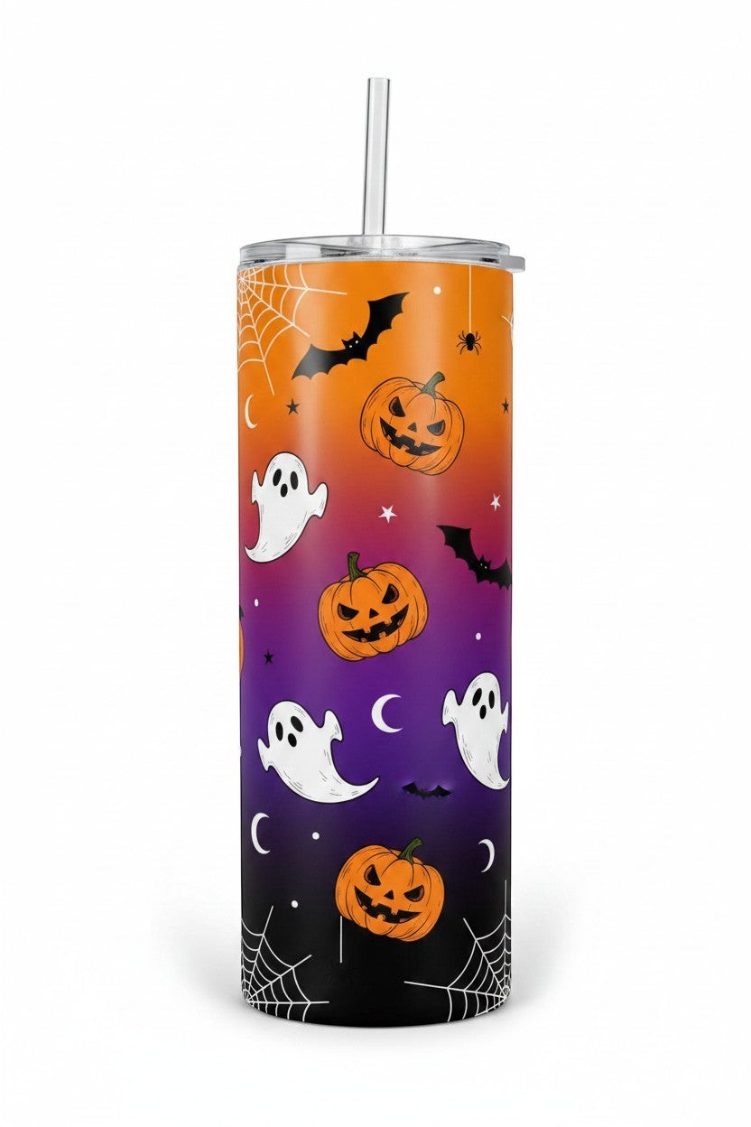 Keepsake lane stainless steel insulated tumbler with orange to purple gradient, jack-o'-lanterns, ghosts, and bats.