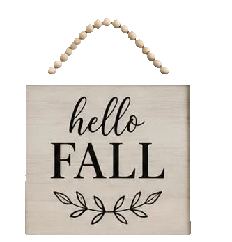 Keepsake lane Hello Fall wooden wall sign with black typography, leaf motif, and a decorative beaded hanging cord.