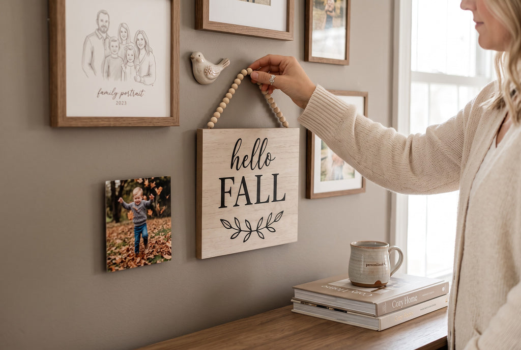 Keepsake lane Hello Fall wooden wall sign with beaded hanger displayed on a gallery wall in a cozy living room.