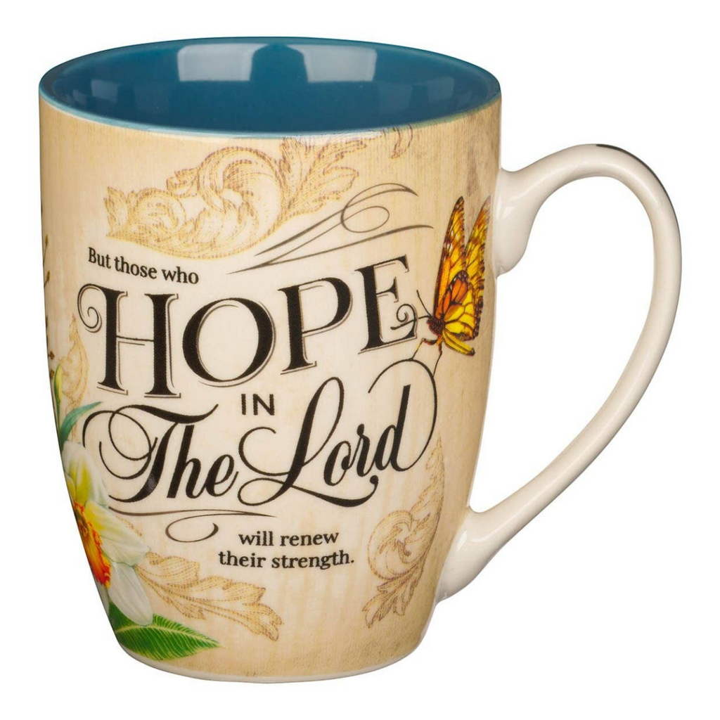 Keepsake lane ceramic coffee mug with Hope in the Lord scripture, butterfly design, and blue interior.