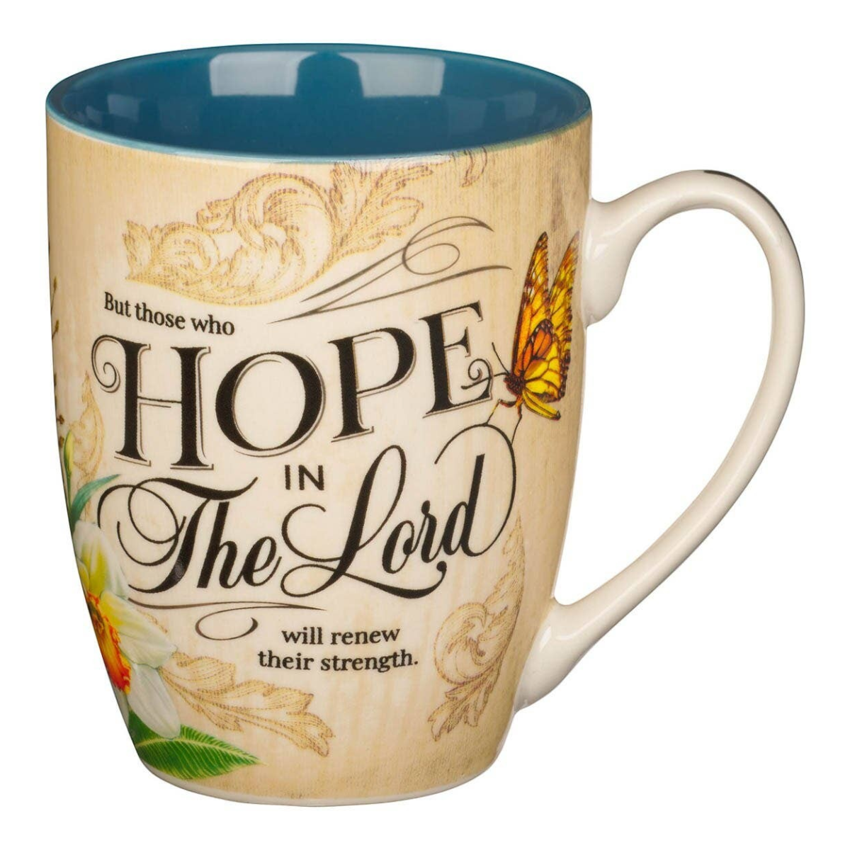 Keepsake lane ceramic coffee mug with Hope in the Lord scripture, butterfly design, and blue interior.