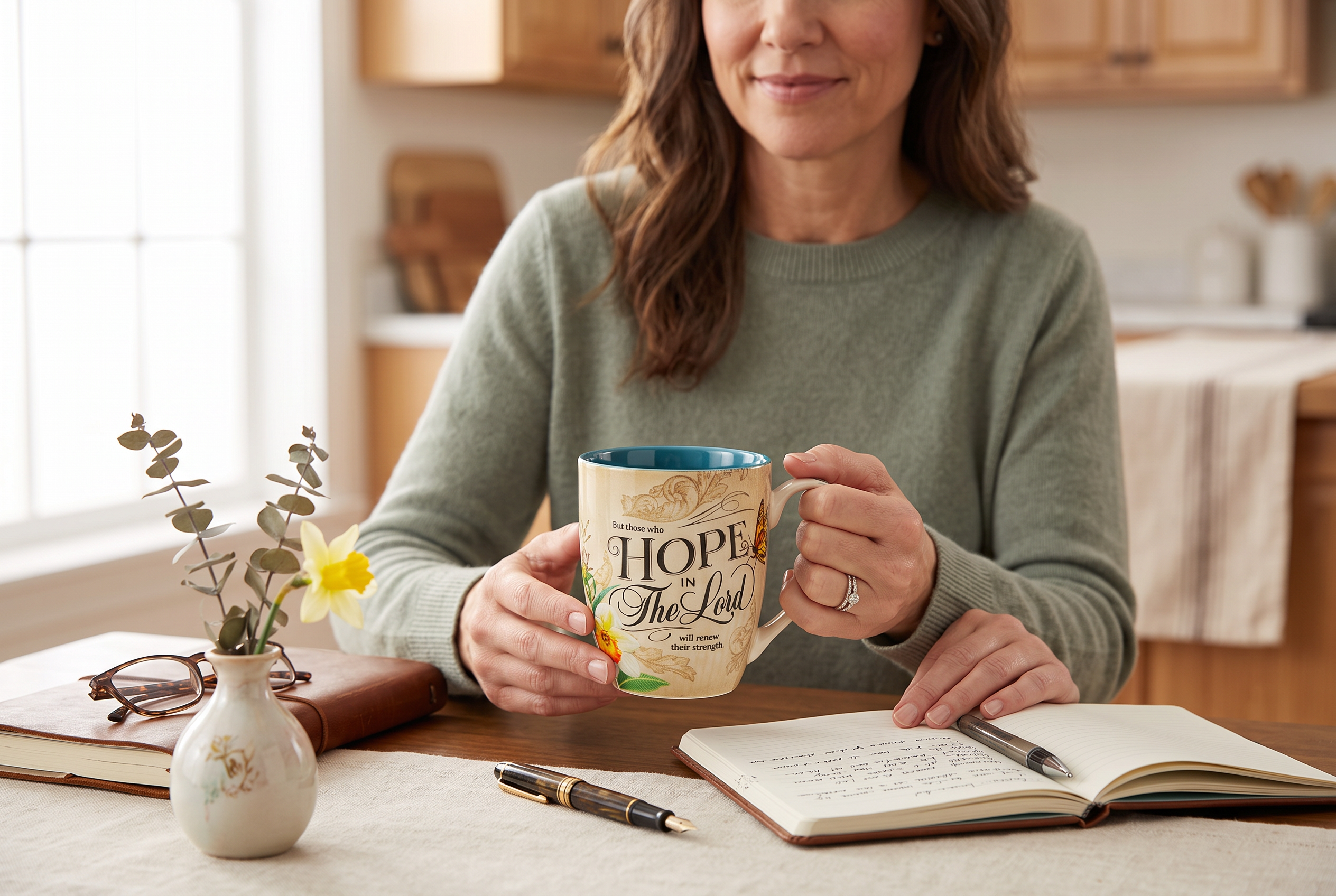 Keepsake lane ceramic mug with Hope in the Lord text held by a woman at a desk with a journal and flower vase.
