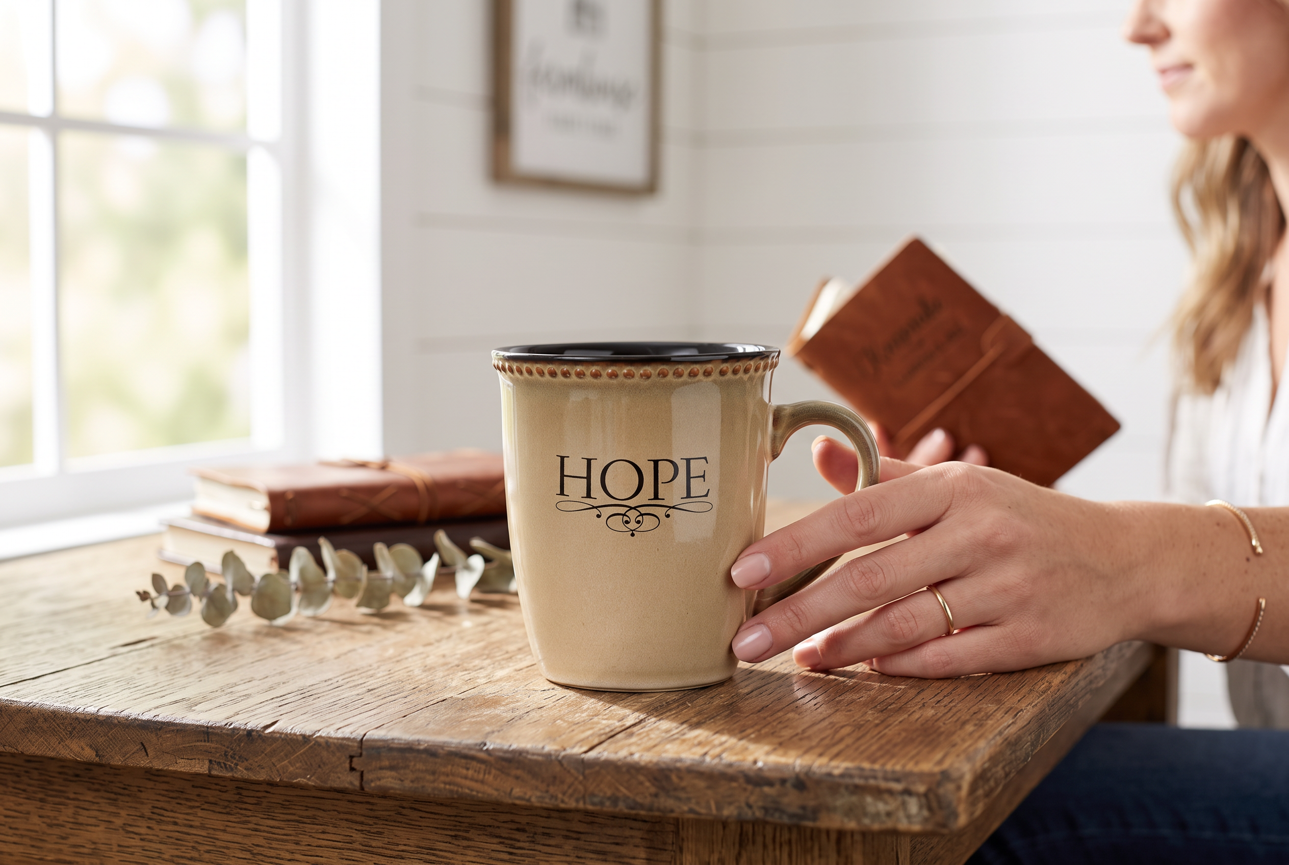Keepsake lane ivory stoneware mug with HOPE inscription and beaded rim held by a woman at a rustic wooden table