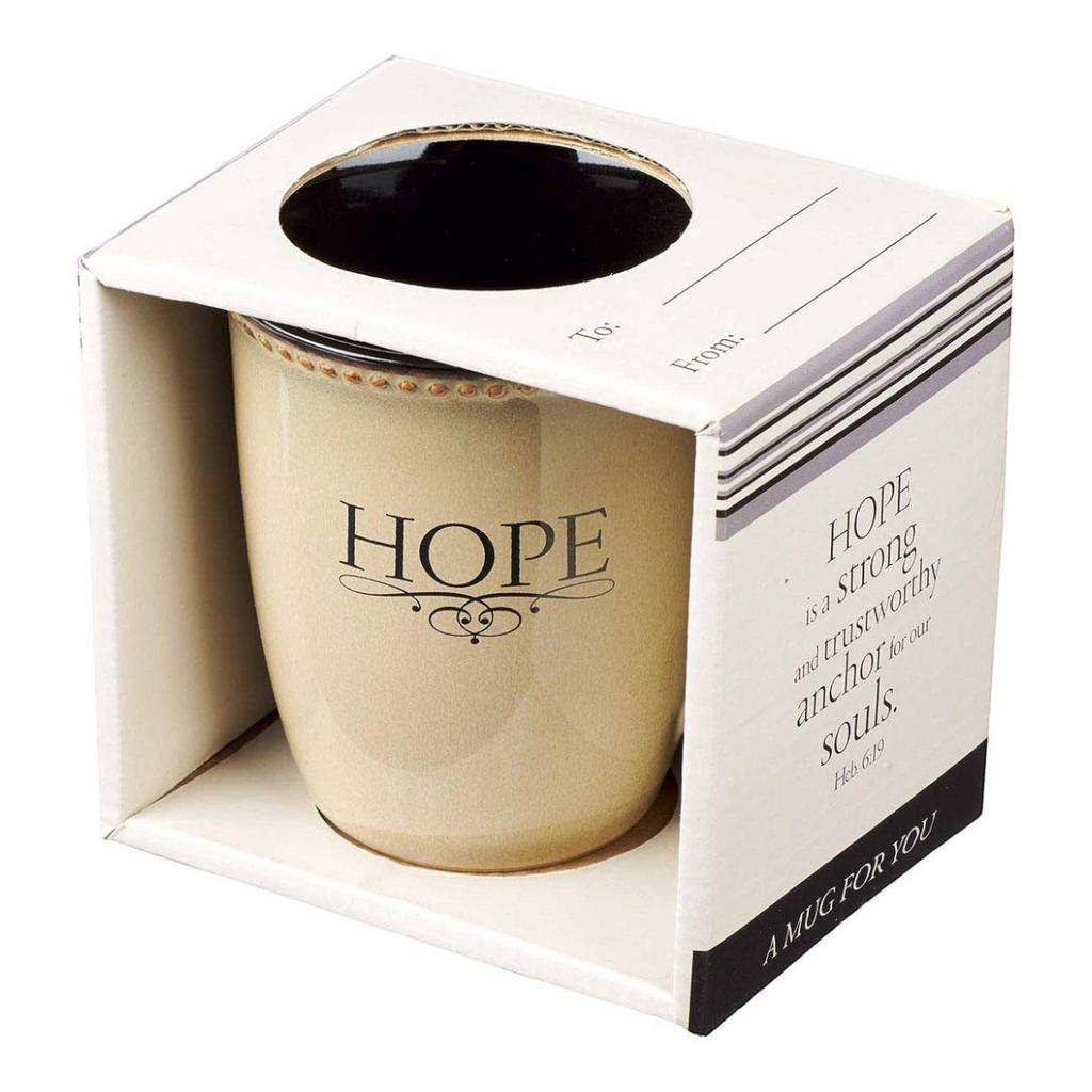 Keepsake lane ivory stoneware mug with HOPE inscription and beaded rim in a decorative gift box